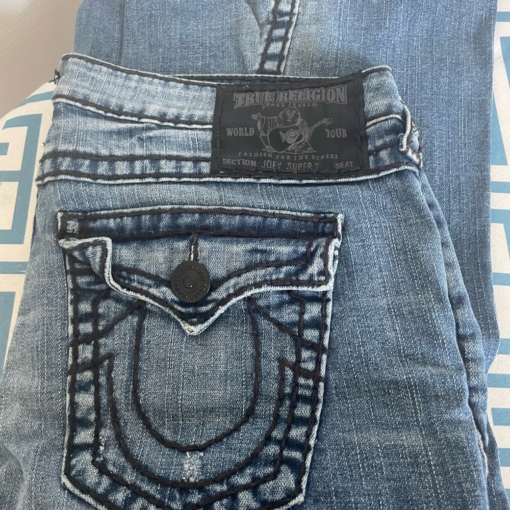 True Religion Women's Distressed Blue Flare Jeans
